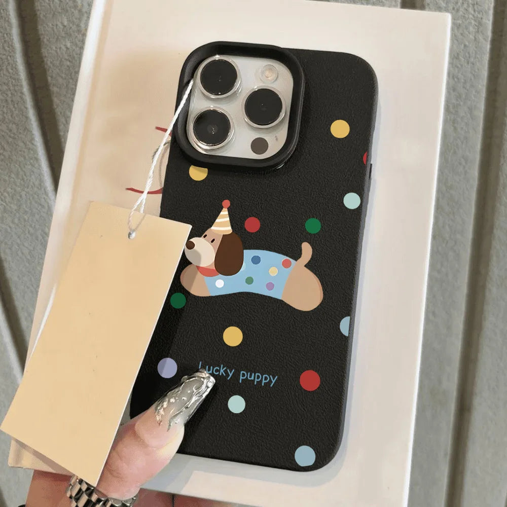 Cute Cartoon Black Cat Dots Leather Phone Case For iPhone 11 Case iPhone 16 14 12 15 13 Pro Max 16 15 Plus Soft Silicone Cover