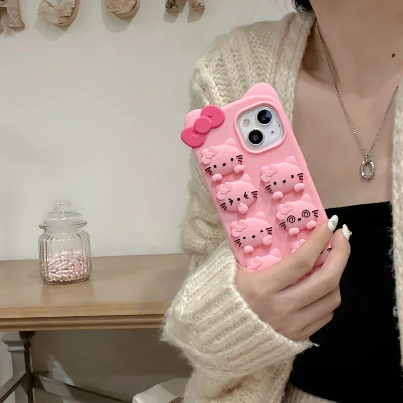 3D Cute Cartoon  Sanrio Hello Kitty Relieve Stress Phone Case For iPhone 15 14 13 12 11 Pro Max Shockproof Soft Silicone Cover