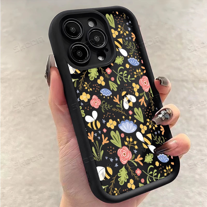 Cute Honeybee Flower Pattern Silicone Phone Case For iPhone 16 16E 15 14 13 12 11 Pro Max XS X XR 7 8 Plus SE2 Soft TPU Cover