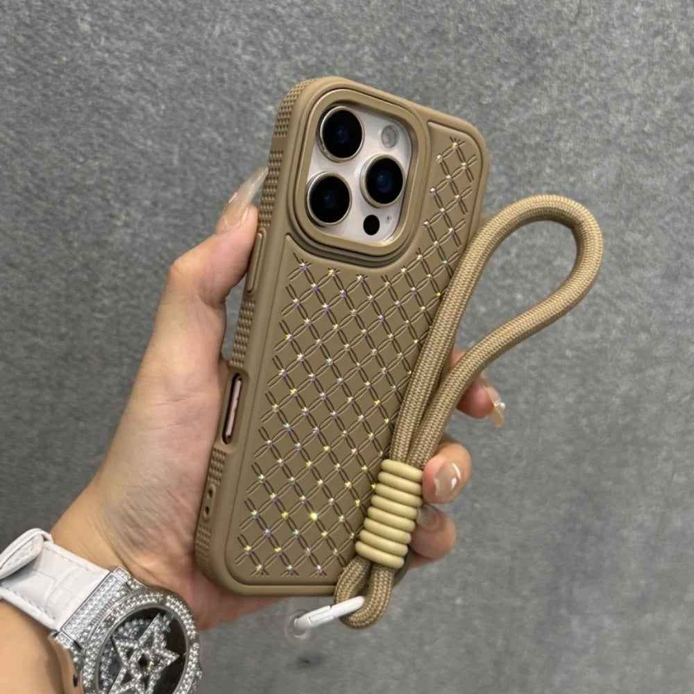 Luxury Flash Diamond Wrist Strap Lanyard Phone Case For iPhone 16e 15 14 13 12 11 Pro Max 16 Plus Sparkling Shockproof Cover