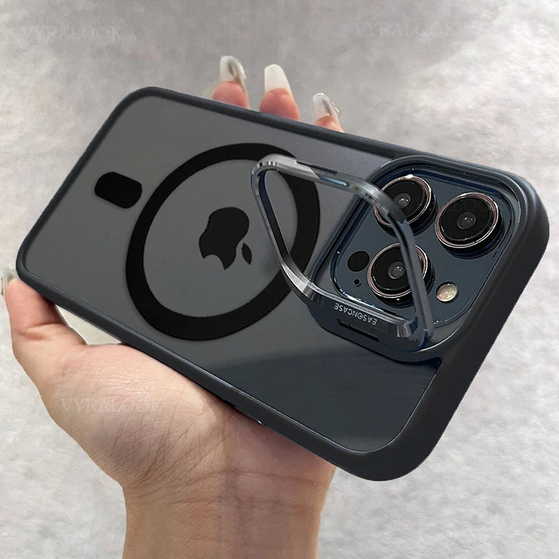 New Phone Case For iPhone 16 15 14 13 12 11 Pro Max Plus 17 Air For Magsafe Transparent Magnetic Lens Metal Stand Holder Cover