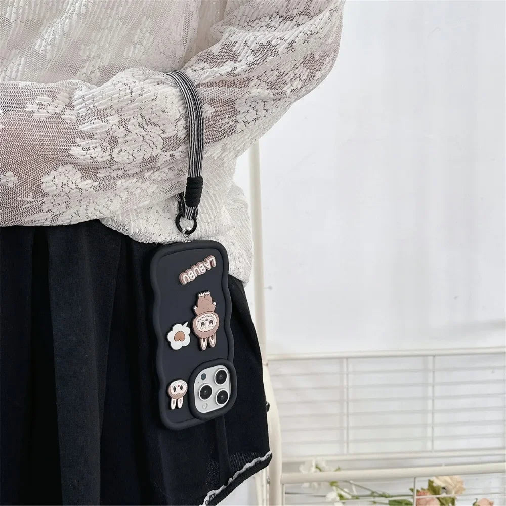 Cute Cartoon Wrist Strap Phone Case for IPhone 16 15 14 13 12 11 Pro Max XS X XR 7 8 Plus Silicone Soft Protective Cover