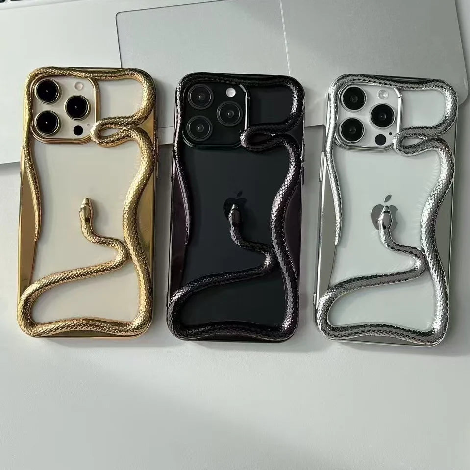Fashion Snake Pattern Case For iPhone 16 Pro Max 15 14 Pro Luxry Plating Hollow Out Cover For iPhone 13 12 11 Transparent Cover