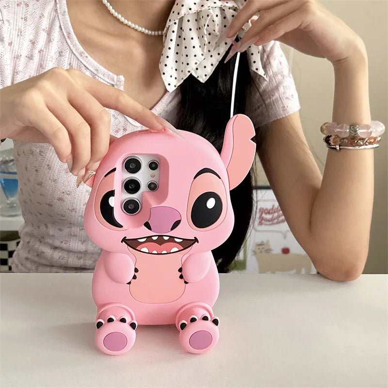 3D Cartoon Angle Stitch Leg Bracket Silicone Couple Phone Case For Samsung Galaxy S25 S24 S23 S22 Ultra Plus Shockproof Cover