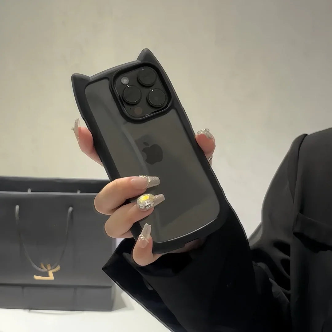 Cute Cat Ear Transparent Case For iPhone 17Air 12 13 14 15 16 Pro Max 11 Shockproof Acrylic Back Cover Silicone Kawaii Funda