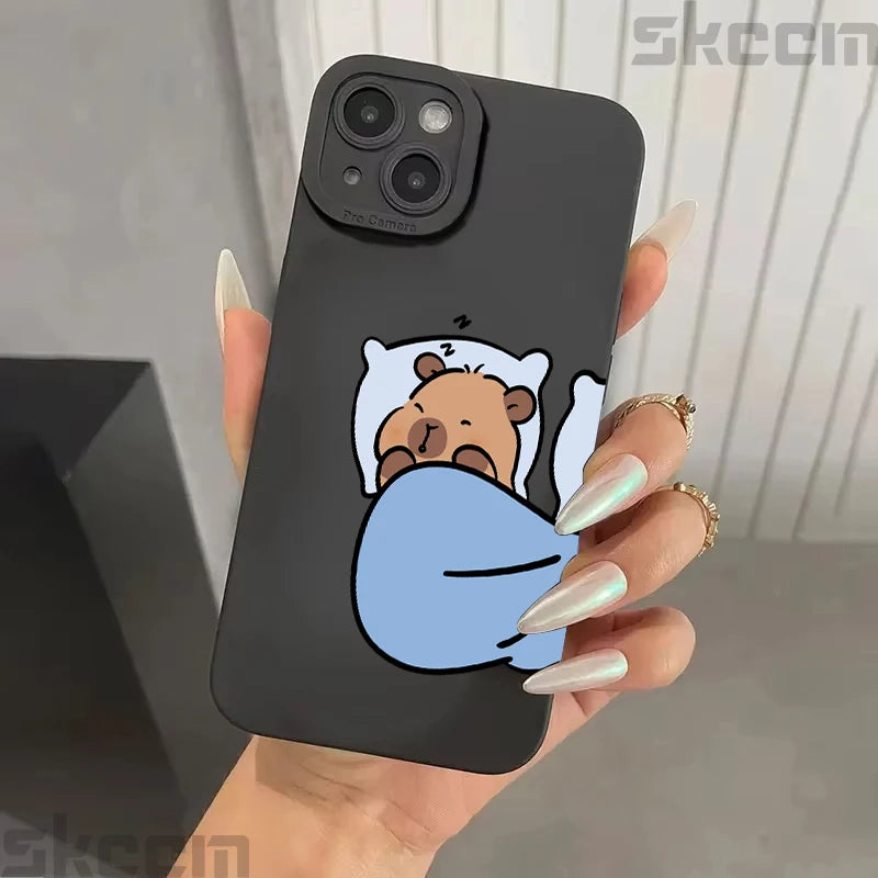 Cute Cartoon Capybara Couple Phone Case For iPhone 15 Pro Max 16 14 11 13 12 XS X XR 16E 7 8 Plus Shockproof Bumper Cover