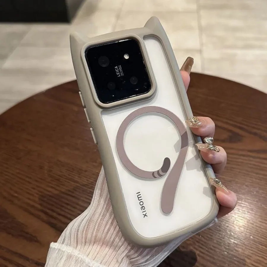 Magnetic Magsafe Lovely Cat Ear Clear Case For Xiaomi 15 Ultra 14 Pro 14 Redmi Note 13 5G Hard Shockroof Wireless Charge Cover