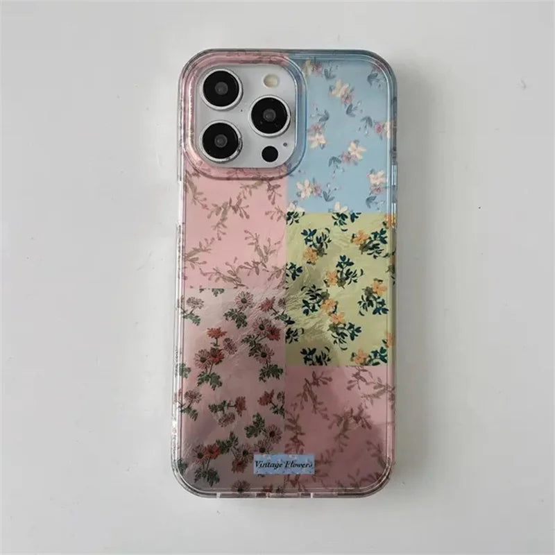 Splicing Flowers Phone Case For IPhone 16 16E 15 14 13 12 11 Pro XR XS Max 7 8 Plus Phone Shockproof Girl Cover Case Funda