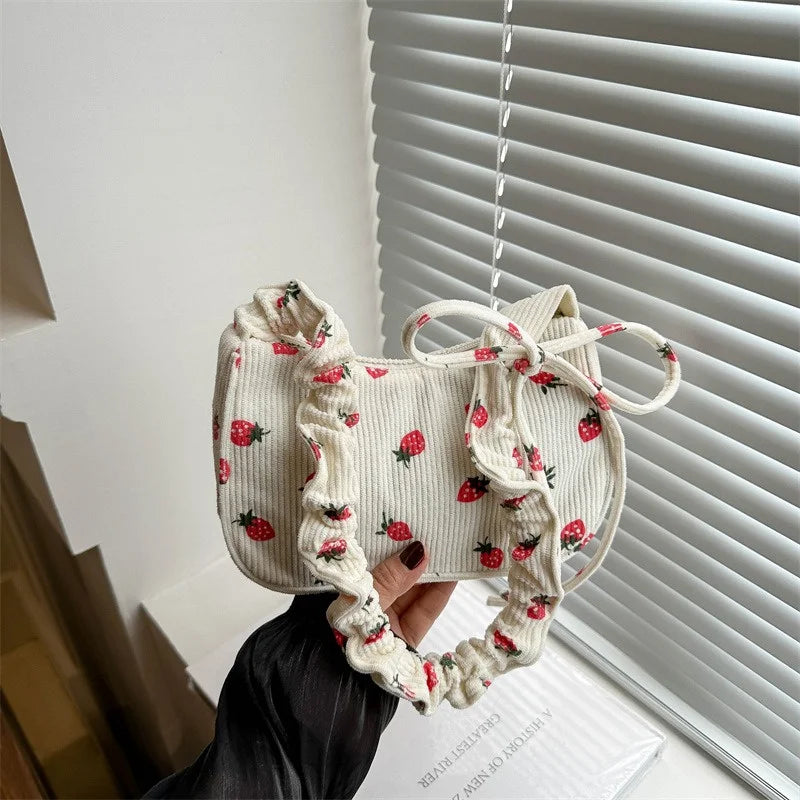 Fashionable Small Women Underarm Bag Corduroy Strawberry Print Cute Mini Shoulder Purse Half Moon Design Eco Friendly Cloth Tote
