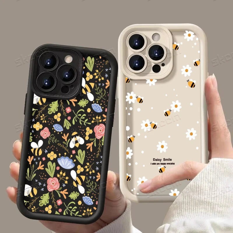 Cute Honeybee Flower Pattern Silicone Phone Case For iPhone 16 16E 15 14 13 12 11 Pro Max XS X XR 7 8 Plus SE2 Soft TPU Cover
