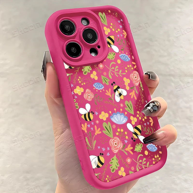 Cute Honeybee Flower Pattern Silicone Phone Case For iPhone 16 16E 15 14 13 12 11 Pro Max XS X XR 7 8 Plus SE2 Soft TPU Cover