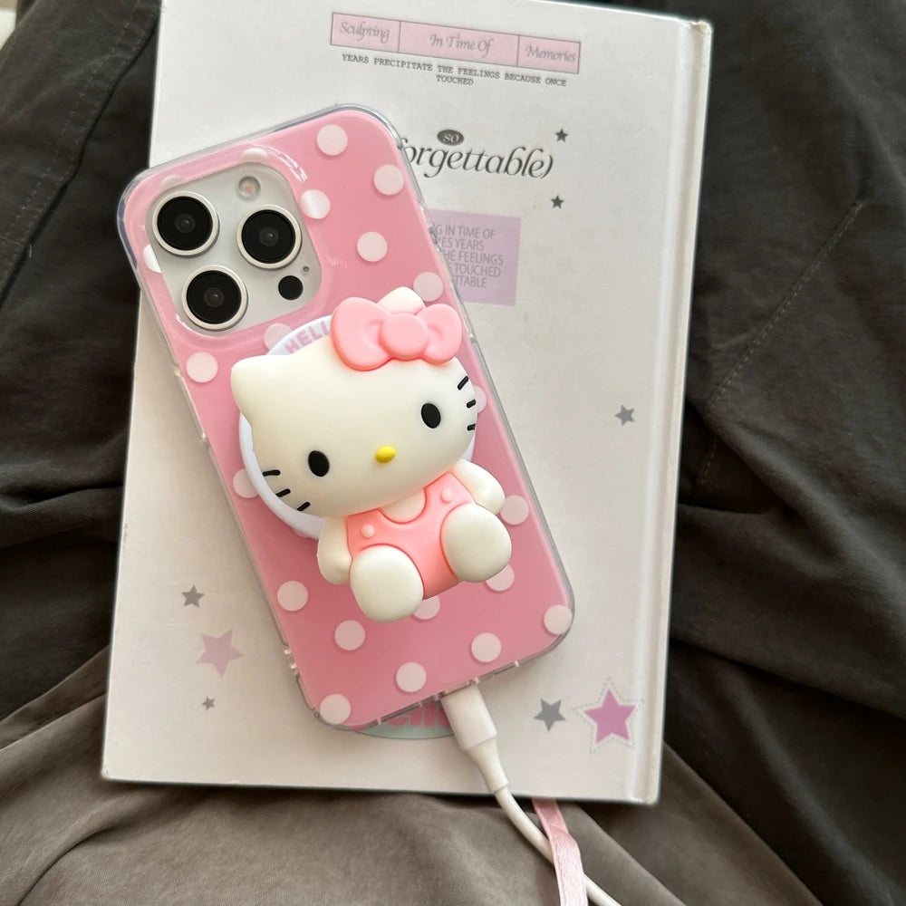 3D Cute Sanrio Hello Kitty Magnetic Grip Tok Holder Magsafe Wireless Charge Phone Case For iPhone 16 15 14 13 12 Pro Max Cover