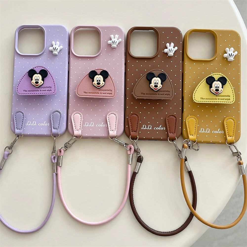 Disney 3D Mickey Stand Holder Polka Leather Case for iPhone 16 15 14 Plus 13 12 11 Pro Max Wrist Hand Strap Shockproof Cover