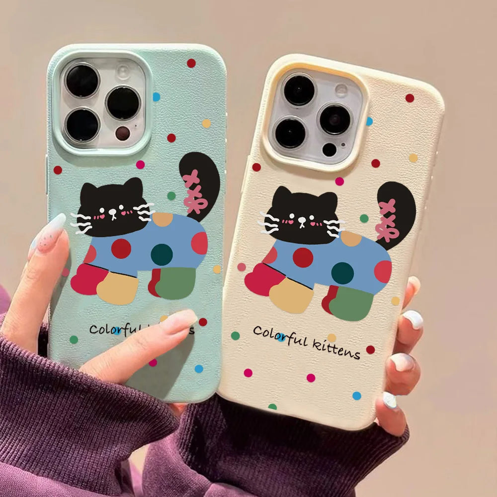 Cute Cartoon Black Cat Dots Leather Phone Case For iPhone 11 Case iPhone 16 14 12 15 13 Pro Max 16 15 Plus Soft Silicone Cover