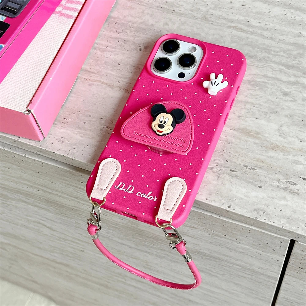 Disney 3D Mickey Stand Holder Polka Leather Case for iPhone 16 15 14 Plus 13 12 11 Pro Max Wrist Hand Strap Shockproof Cover