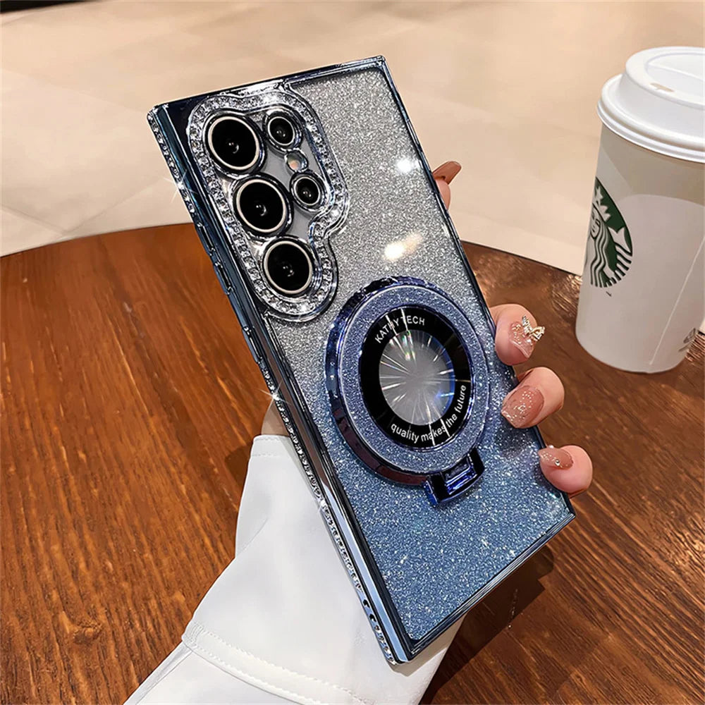 Luxury Glitter For Magsafe Magnetic Ring Stand Case for Samsung Galaxy S25 S24 S23 Ultra S22 Plus A55 A35 A25 A15 Diamond Cover