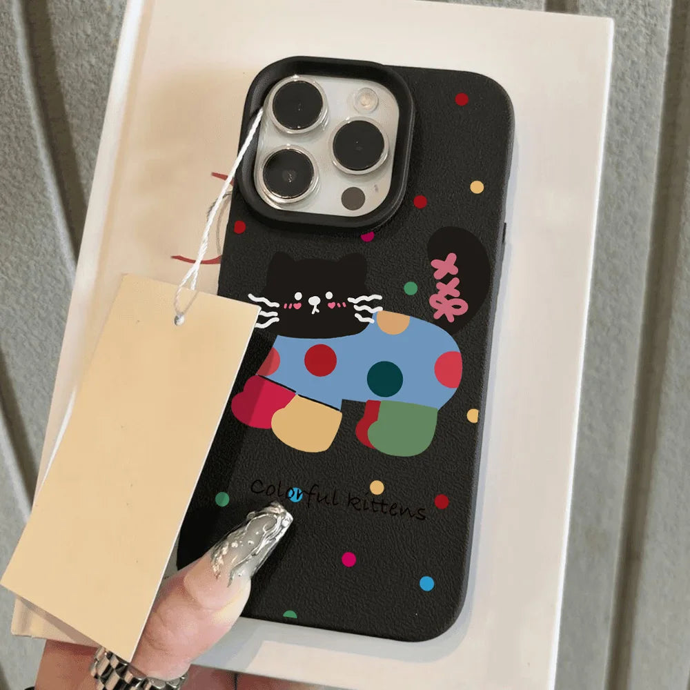 Cute Cartoon Black Cat Dots Leather Phone Case For iPhone 11 Case iPhone 16 14 12 15 13 Pro Max 16 15 Plus Soft Silicone Cover