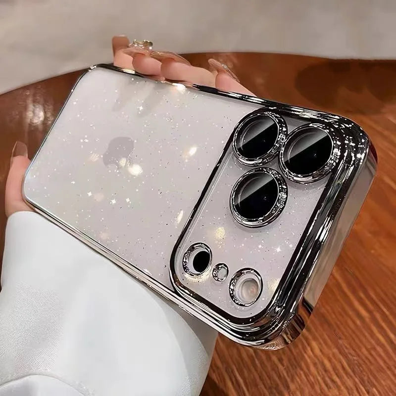 Luxury Slim Transparent Glitter PC Case for iPhone 17 16 15 14 11 13 12 Pro Max 17 Pro Cases Clear Camera Lens Protector  Cover