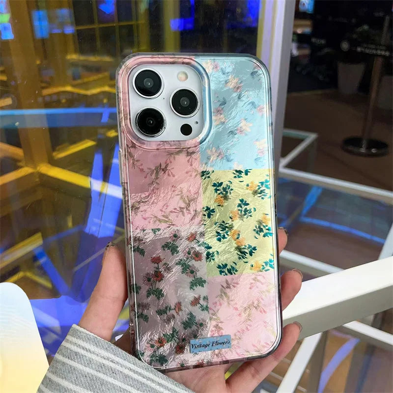 Splicing Flowers Phone Case For IPhone 16 16E 15 14 13 12 11 Pro XR XS Max 7 8 Plus Phone Shockproof Girl Cover Case Funda