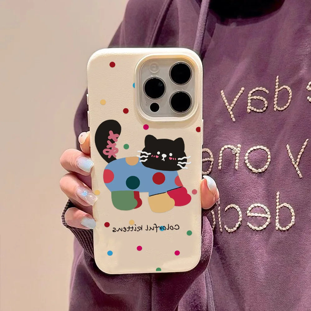 Cute Cartoon Black Cat Dots Leather Phone Case For iPhone 11 Case iPhone 16 14 12 15 13 Pro Max 16 15 Plus Soft Silicone Cover