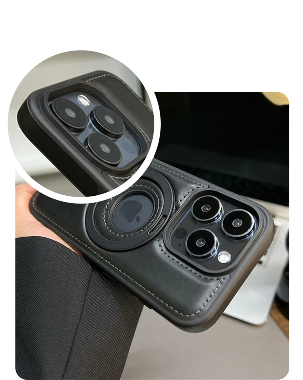 Luxury Magnetic Stand Ring PU Leather Phone Case For iPhone 16 15 14 13 12 Pro Max Magsafe Wireless Charging Hollow Logo Cover