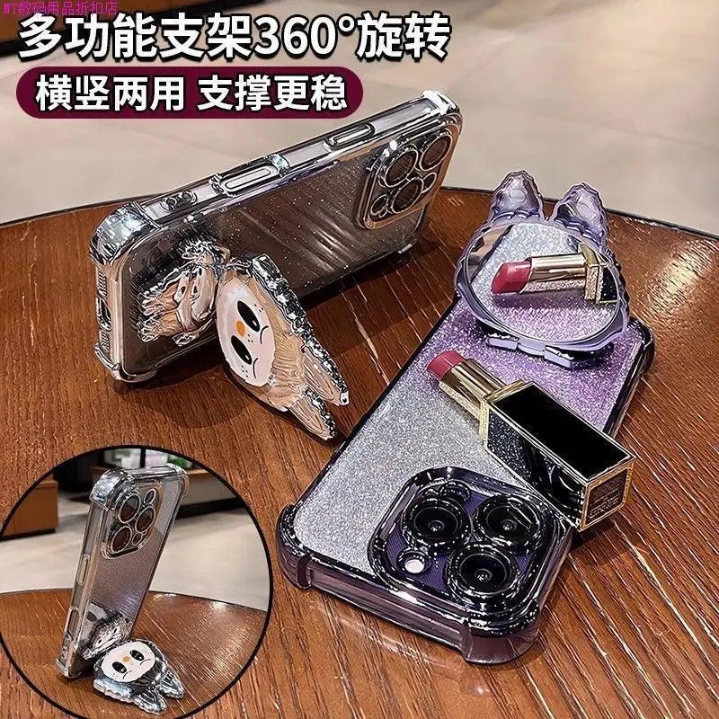 For iPhone 11 12 13 14 15 16 X XR 7 8 Phone Case Soft Silicone Plating Cartoon Rabbit Fold Stand Makeup Mirror Bracket Cover