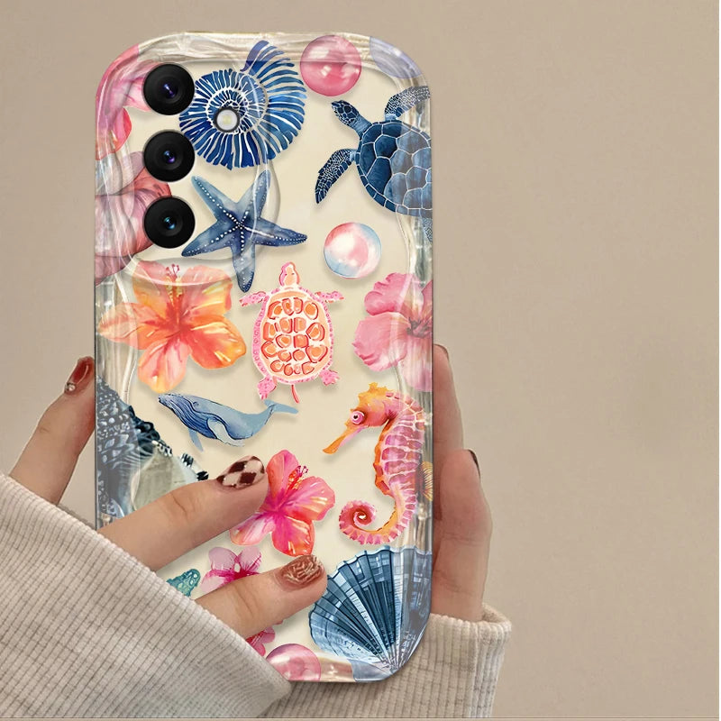 3D Case For Samsung Galaxy S25 S24 Ultra S23 S22 S21 Plus FE A56 A36 A26 A16 A06 A15 A25 A35 A55 5G Color Flower Marine Organism
