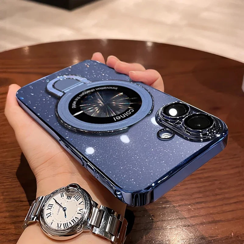 Luxury Glitter for Magsafe Bracket Case for iPhone 17 16 15 Pro Max Air 14 12 13 11 Transparent Stand Camera Film Hard PC Cover