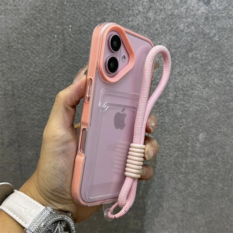 Luxury Card Slot Bag Clear With lanyard Phone Case For iPhone 11 12 13 14 15 Pro Max 16 Plus XS Shockproof Bumber Soft TPU Cover