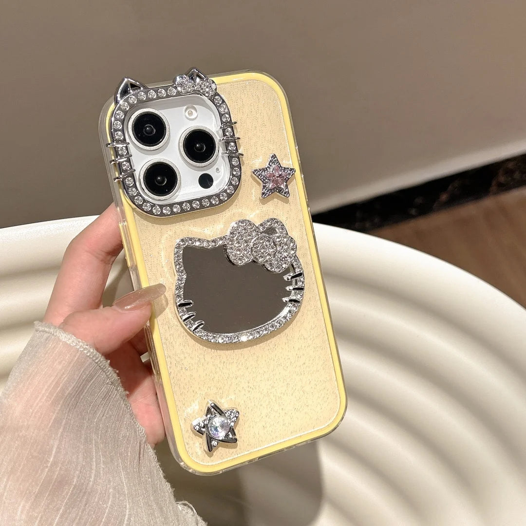 Fashion Diamond Glitter Make UP Mirror 3D Cute Cat Ears  Phone Case For iPhone 16 15 14 13 12 11 Pro Max Plus Cover
﻿﻿﻿﻿﻿