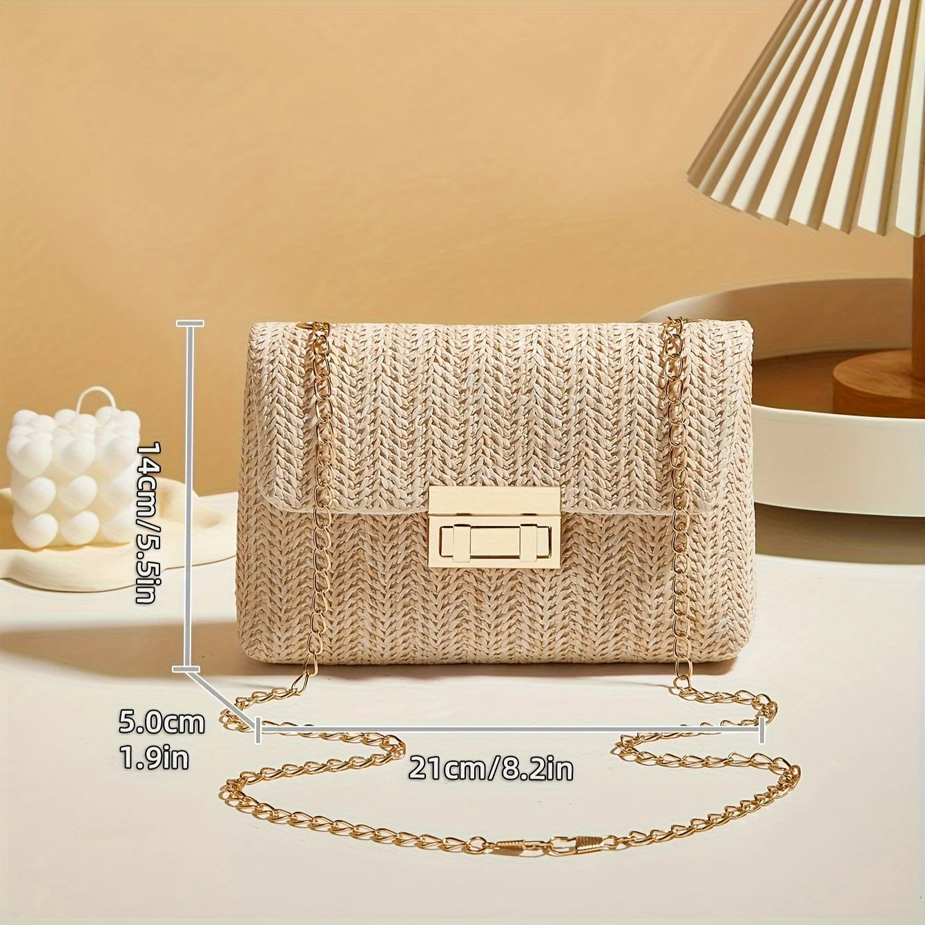 Woven Straw Handwoven Women's Shoulder Bag, Fashion Solid Color Crossbody Purse with Lock Closure