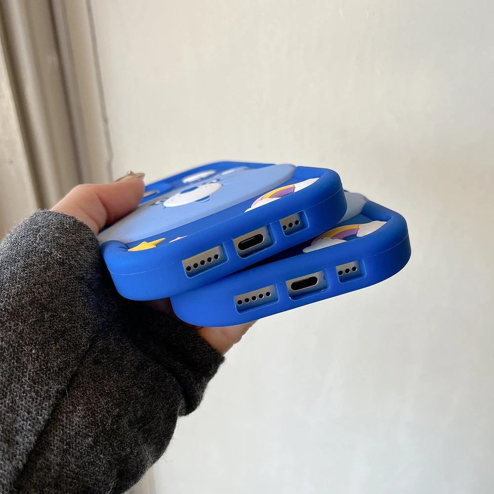 Cute 3D Cartoon Blue Rainbow Bear Soft Silicone Case For iPhone 16 15 14 Promax 13 12 Pro Max Shock Proof Cover Capa Phone Cases