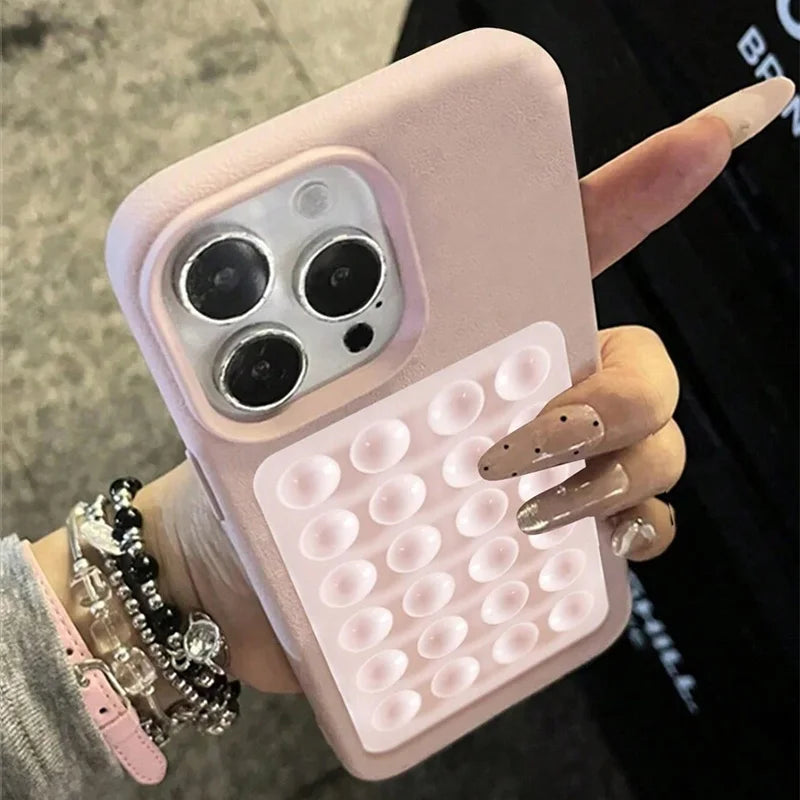 Luxury 3D Suction Cup Stand Litchi Pattern Phone Case For iPhone 16 15 14 Pro Max Plus 11 12 13 Pro 14 15 Plus XR XS 16E Cover