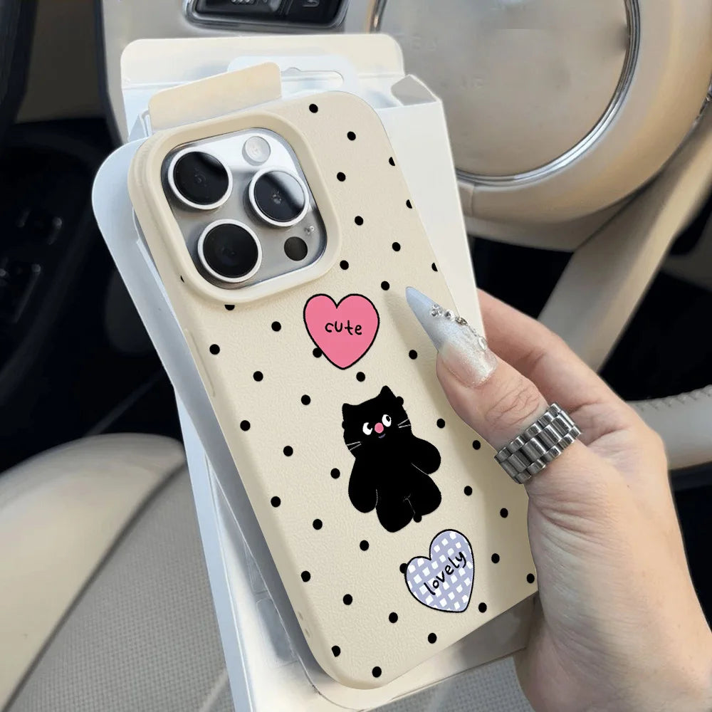 Cute Cartoon Black Cat Dots Leather Phone Case For iPhone 11 Case iPhone 16 14 12 15 13 Pro Max 16 15 Plus Soft Silicone Cover