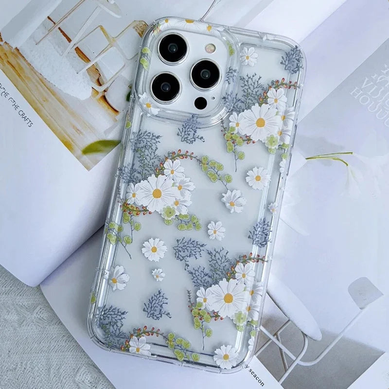 Trendy Flower Pattern Transparent Case For iPhone 16 15 Pro Max 16E 14 13 12 11 PRO Mini Soft Clear Cover