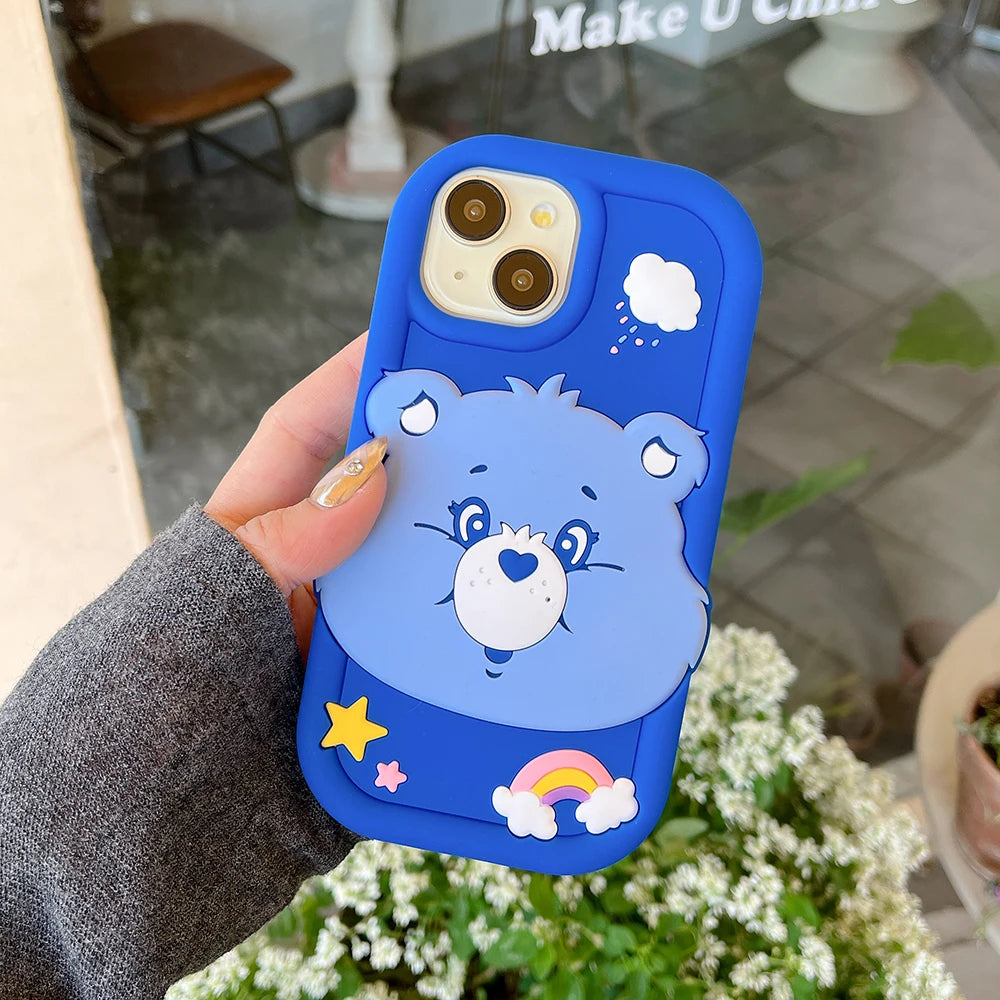 Cute 3D Cartoon Blue Rainbow Bear Soft Silicone Case For iPhone 16 15 14 Promax 13 12 Pro Max Shock Proof Cover Capa Phone Cases
