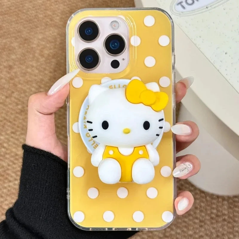 3D Cute Sanrio Hello Kitty Magnetic Grip Tok Holder Magsafe Wireless Charge Phone Case For iPhone 16 15 14 13 12 Pro Max Cover