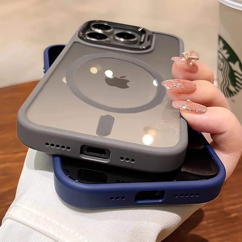 New Phone Case For iPhone 16 15 14 13 12 11 Pro Max Plus 17 Air For Magsafe Transparent Magnetic Lens Metal Stand Holder Cover