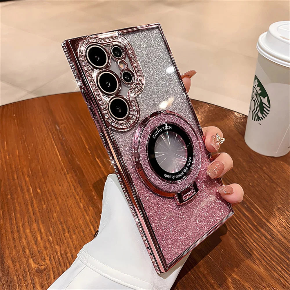 Luxury Glitter For Magsafe Magnetic Ring Stand Case for Samsung Galaxy S25 S24 S23 Ultra S22 Plus A55 A35 A25 A15 Diamond Cover