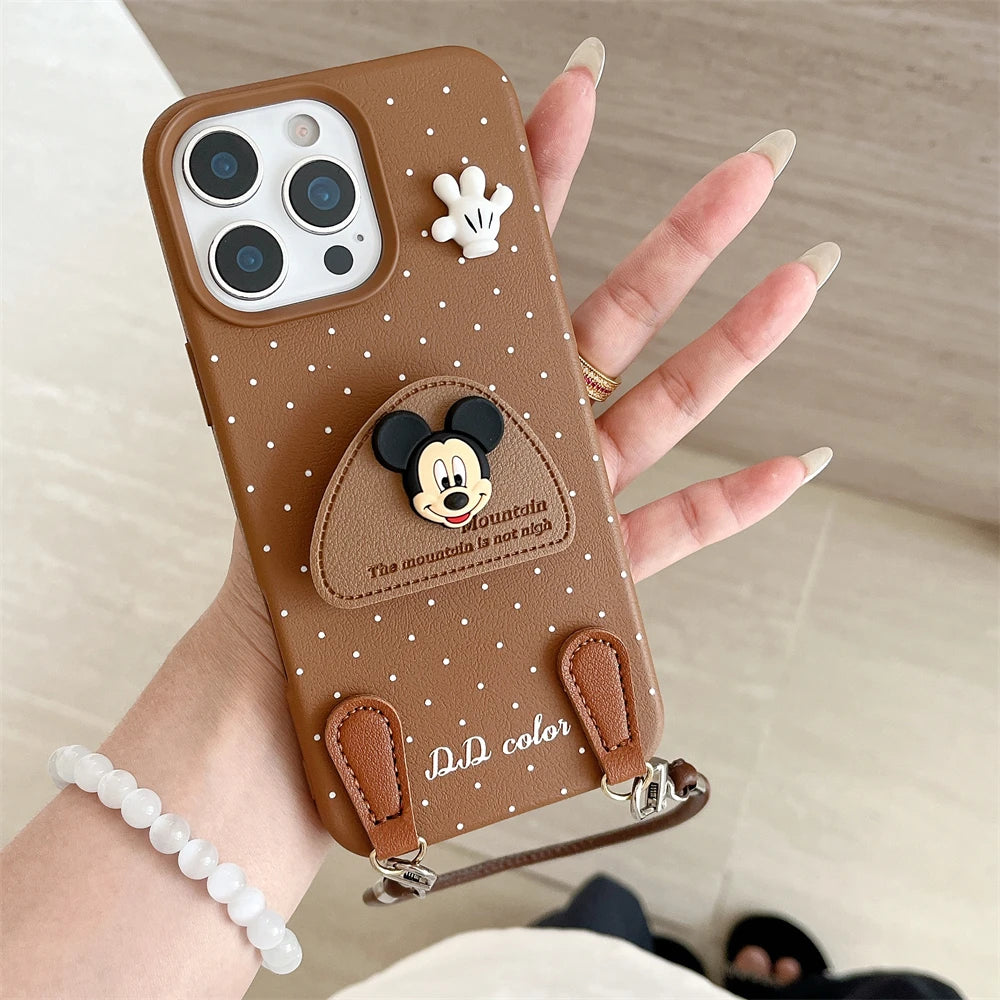 Disney 3D Mickey Stand Holder Polka Leather Case for iPhone 16 15 14 Plus 13 12 11 Pro Max Wrist Hand Strap Shockproof Cover