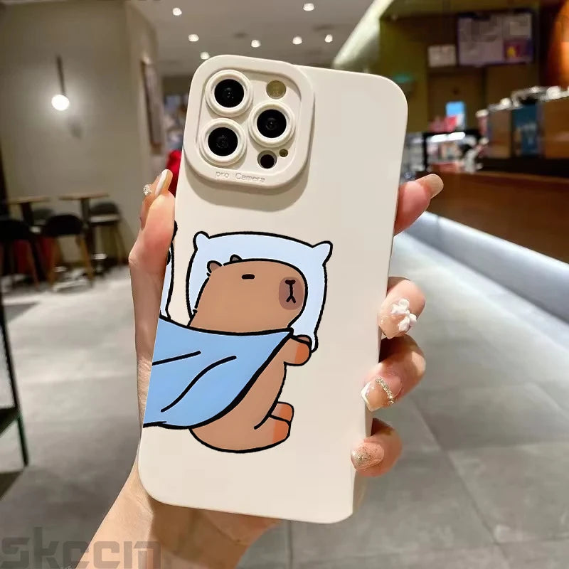 Cute Cartoon Capybara Couple Phone Case For iPhone 15 Pro Max 16 14 11 13 12 XS X XR 16E 7 8 Plus Shockproof Bumper Cover