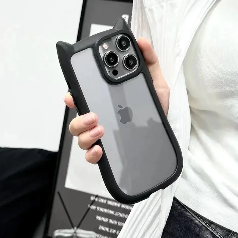 Cute Cat Ear Transparent Case For iPhone 17Air 12 13 14 15 16 Pro Max 11 Shockproof Acrylic Back Cover Silicone Kawaii Funda