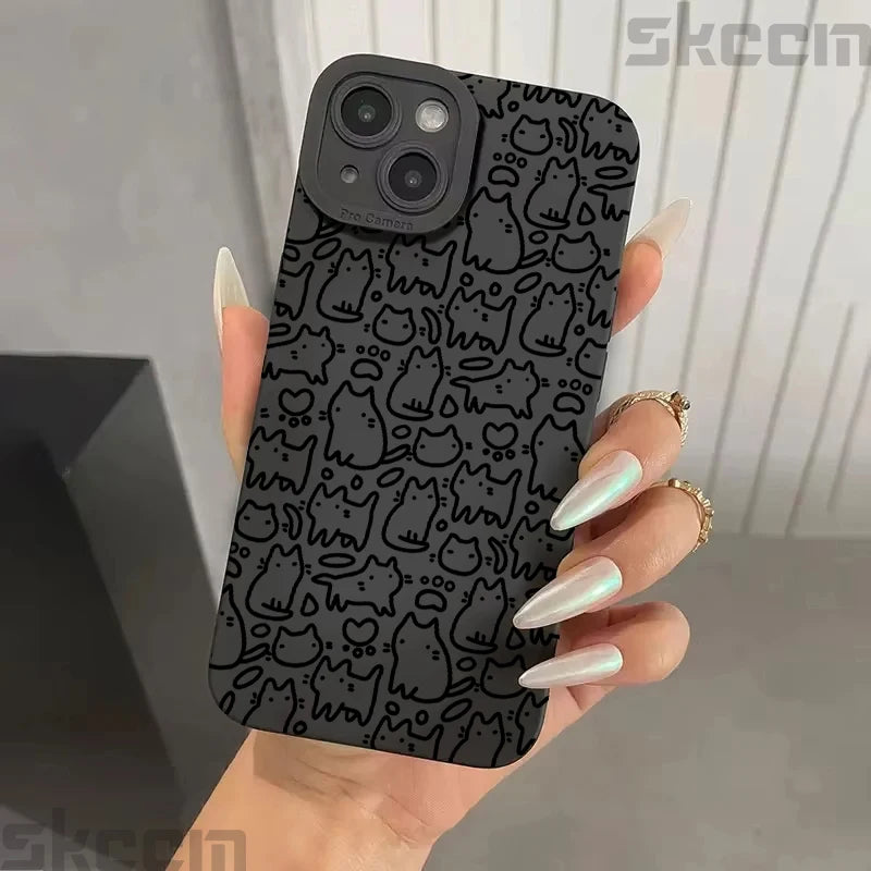 Cute Black Kitten Sketch Cat Phone Case for iPhone 16 15 14 13 12 11 Pro Max Mini XR XS X 7 8 Plus 16E Soft TPU Back Cover