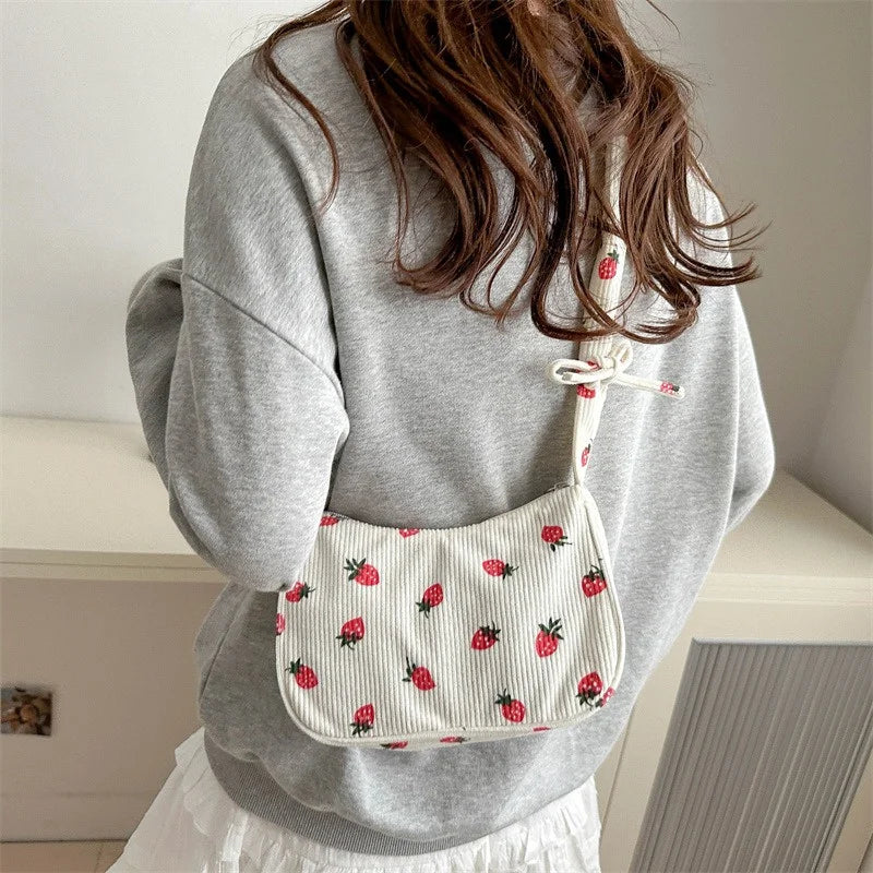 Fashionable Small Women Underarm Bag Corduroy Strawberry Print Cute Mini Shoulder Purse Half Moon Design Eco Friendly Cloth Tote