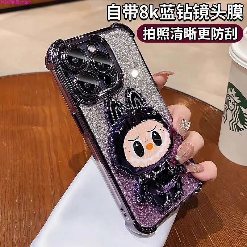 For iPhone 11 12 13 14 15 16 X XR 7 8 Phone Case Soft Silicone Plating Cartoon Rabbit Fold Stand Makeup Mirror Bracket Cover
