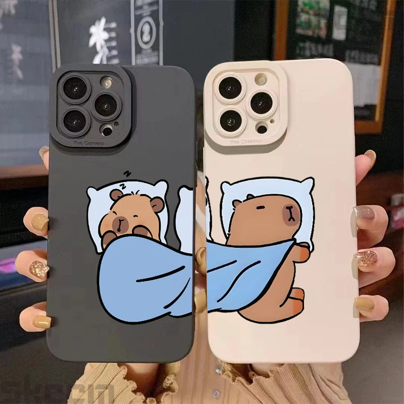 Cute Cartoon Capybara Couple Phone Case For iPhone 15 Pro Max 16 14 11 13 12 XS X XR 16E 7 8 Plus Shockproof Bumper Cover