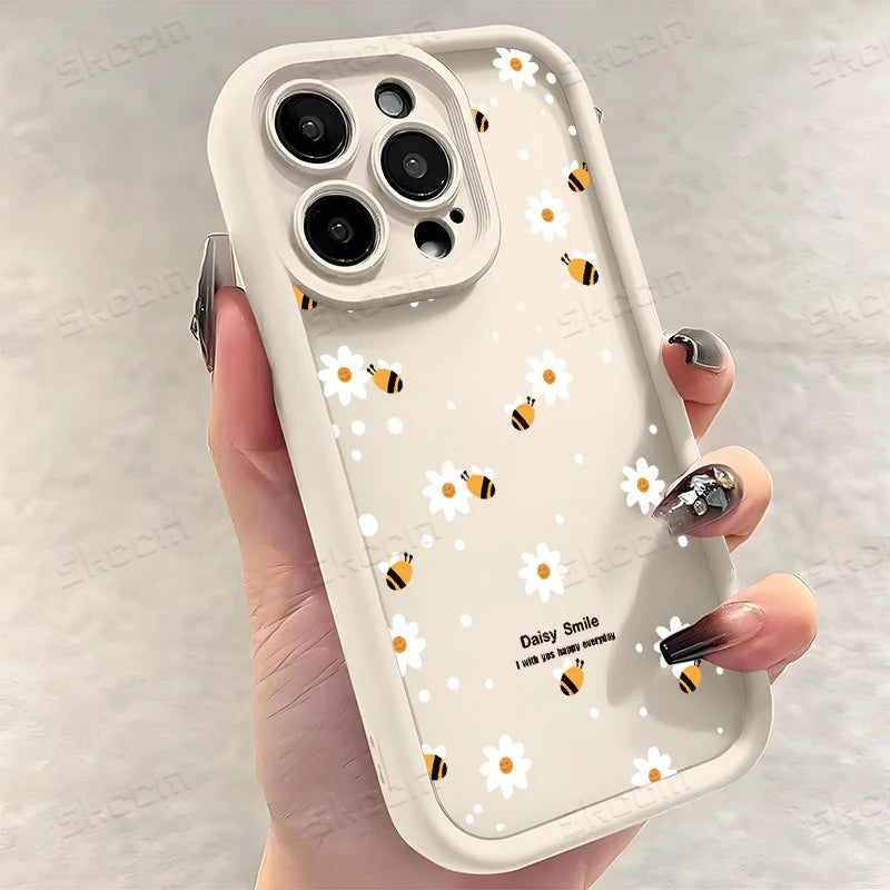 Cute Honeybee Flower Pattern Silicone Phone Case For iPhone 16 16E 15 14 13 12 11 Pro Max XS X XR 7 8 Plus SE2 Soft TPU Cover