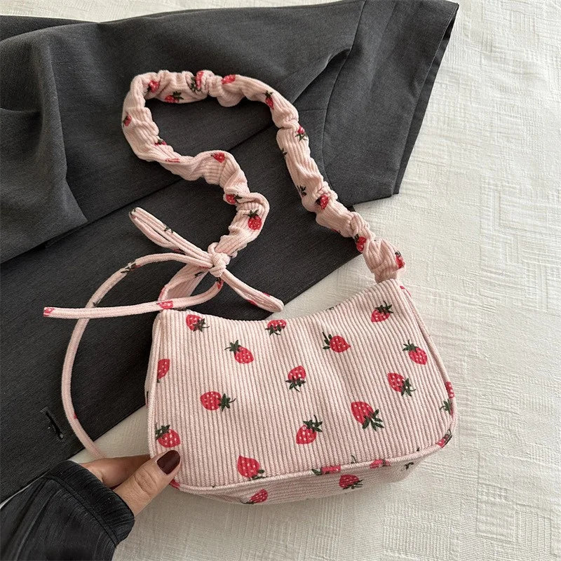 Fashionable Small Women Underarm Bag Corduroy Strawberry Print Cute Mini Shoulder Purse Half Moon Design Eco Friendly Cloth Tote