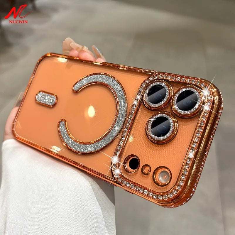 For iPhone 17 Air 17 Pro Max Luxury Girl's Case Bling Diamond Lens Film Magsafe Cover Case for iPhone 16 15 14 13 12 11 Pro Max
