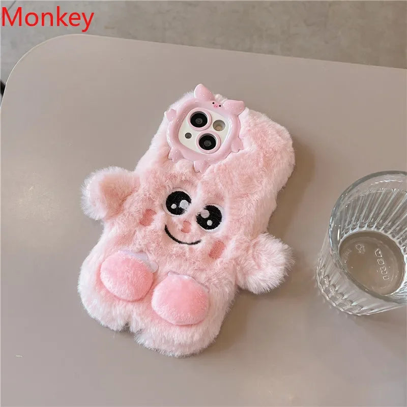 3D Cute Cartoon Funny Phone Cases For iPhone 17 16 15 14 13 12 11 Pro Max Warm Winter Fluffy Plush Soft Bumper Protection Cover
